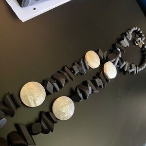 Chico’s Tribal Black Wood MOP bead Large Long Chunky Tribal Necklace